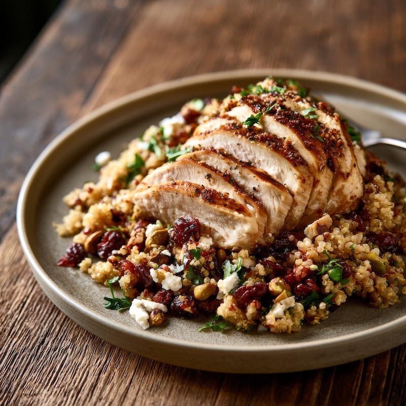 A plated dinner of sliced pan-seared chicken breast over a warm quinoa salad studded with dried cherries, toasted pistachios, and crumbled goat cheese
