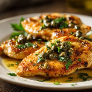 Gourmet plate of chicken piccata.