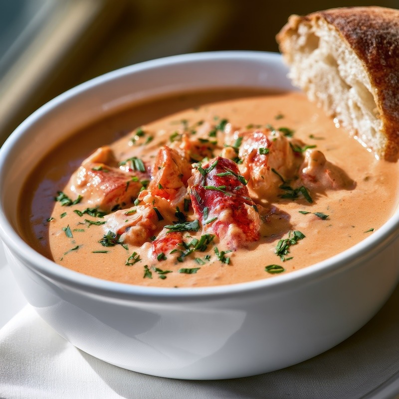 A white bowl of creamy orange-pink lobster bisque topped with chunks of lobster meat and chopped tarragon