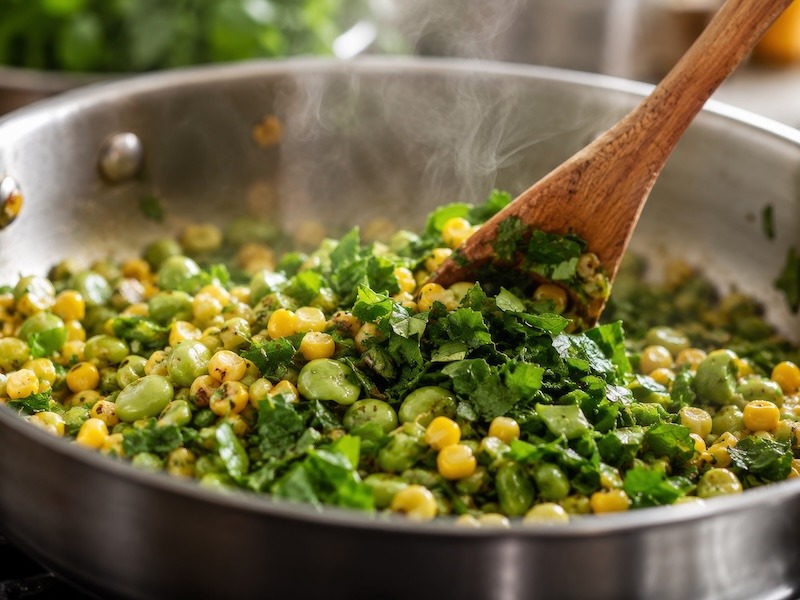 Adding basil to succotash