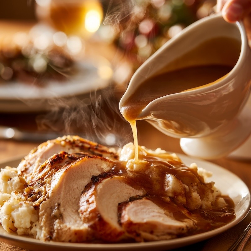 A gravy boat pouring rich brown gravy over sliced turkey and mashed potatoes