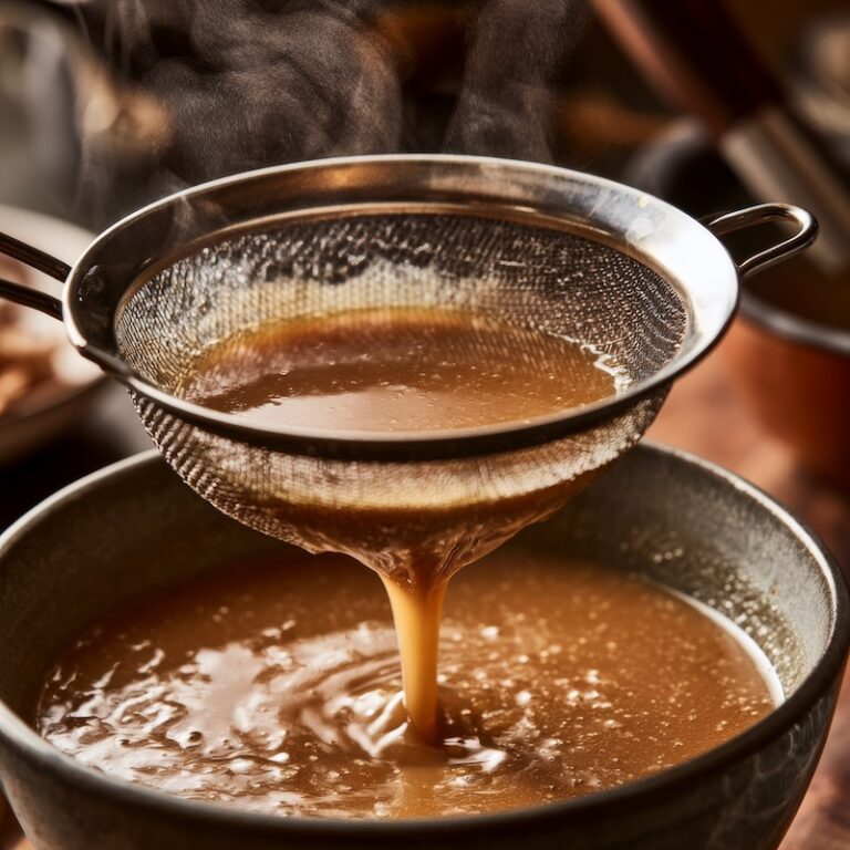 Finished gravy being strained through a fine mesh strainer into a bowl
