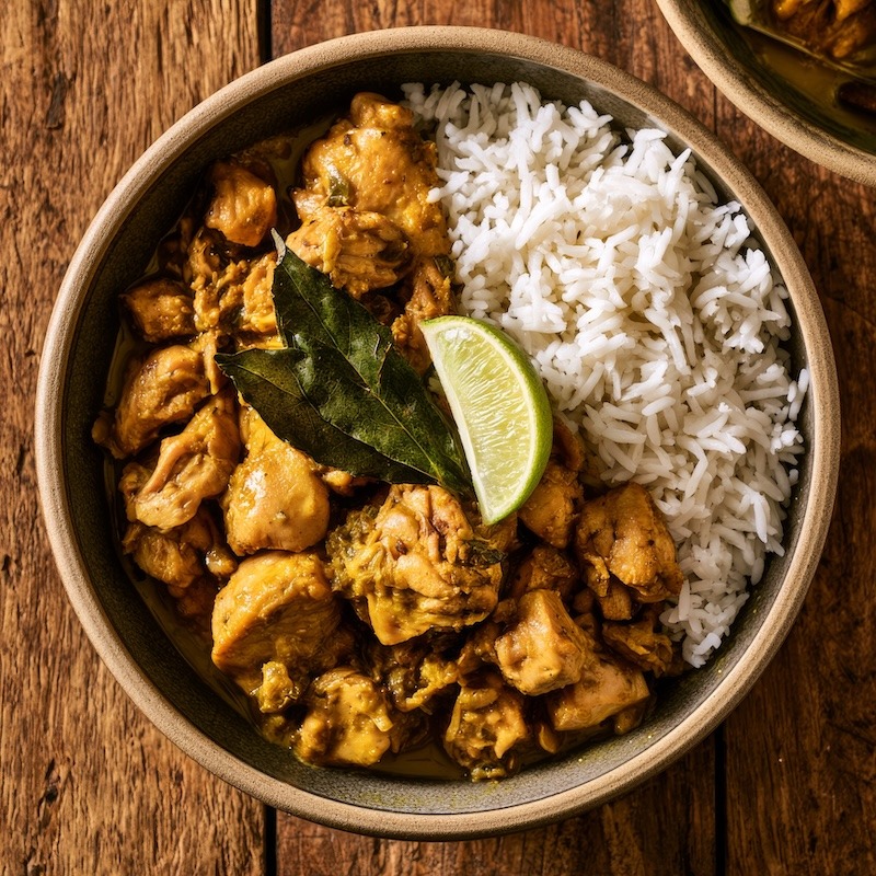 A bowl of Venezuelan coconut chicken, golden sauce visible