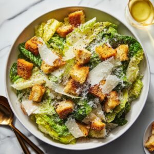 Classic Caesar salad plated in a wide shallow white bowl, whole romaine leaves rather than chopped, shaved Parmesan curls