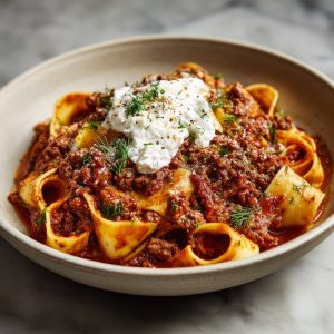 Spicy beef ragu served over wide ribbons of pappardelle pasta.