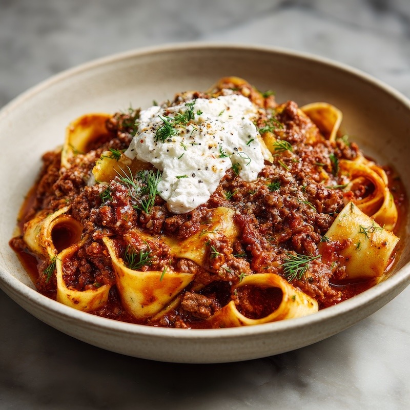 Spicy beef ragu served over wide ribbons of pappardelle pasta.