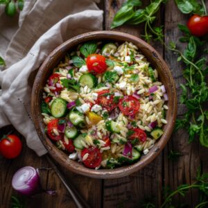 orzo salad in a rustic ceramic bowl