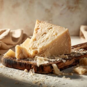 Parmesan cheese wedge on rustic wooden board