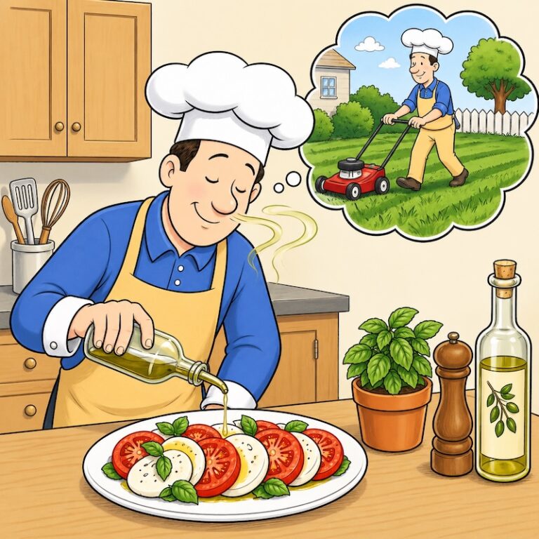 Cartoon of Reluctant Gourmet drizzling olive oil reminding him of just mowed grass