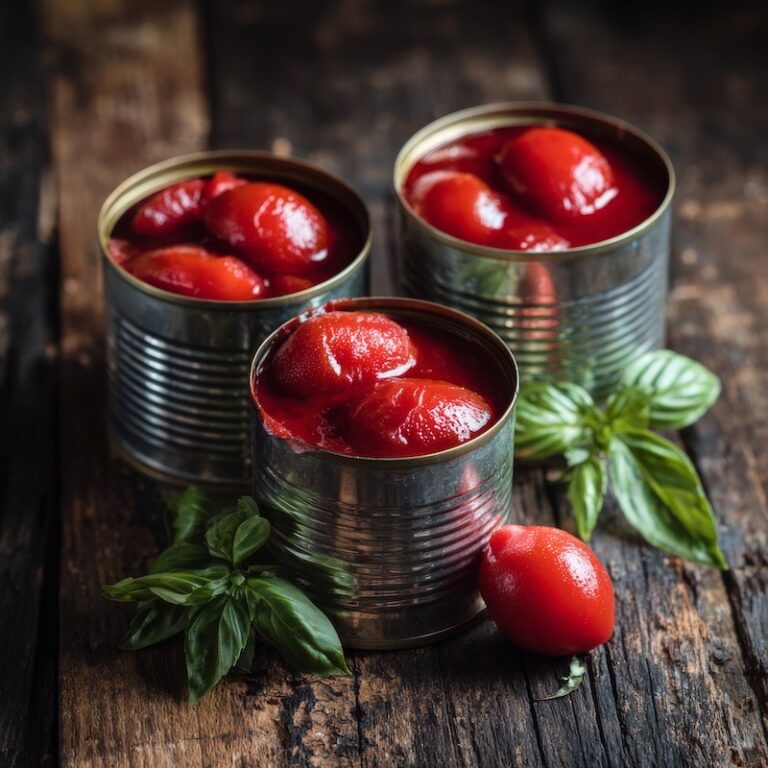 Three open cans of whole peeled tomatoes