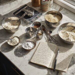 beautifully organized kitchen conversion station, stainless steel measuring cups and spoons, digital kitchen scale