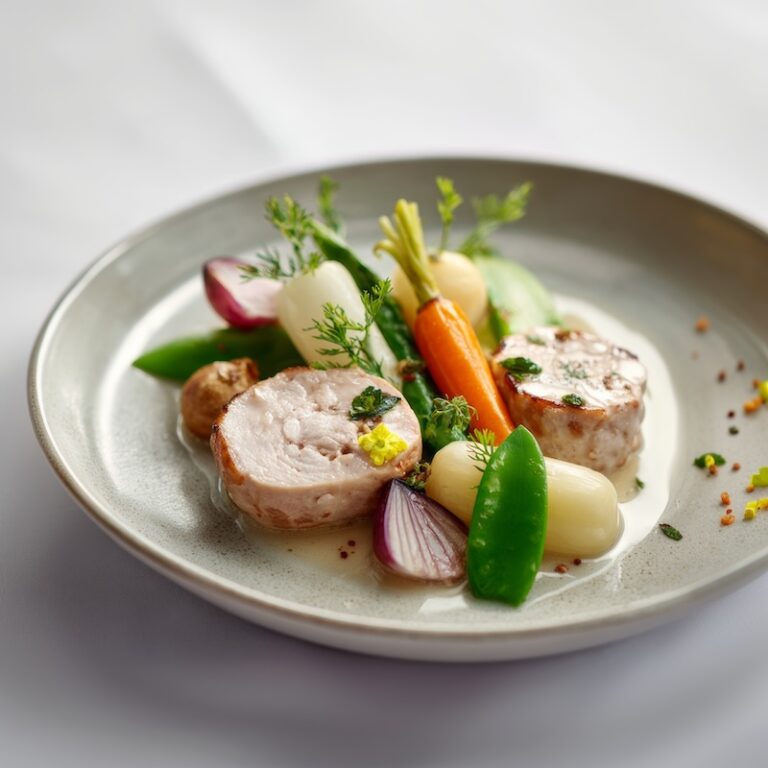 poached chicken and pork medallions served with lightly poached seasonal vegetables