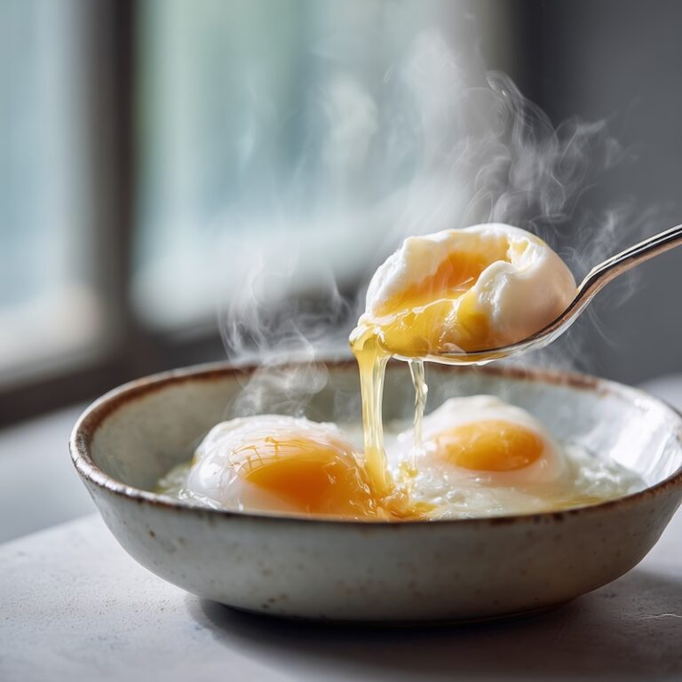 perfectly poached eggs being lifted from gently swirling water with a slotted spoon