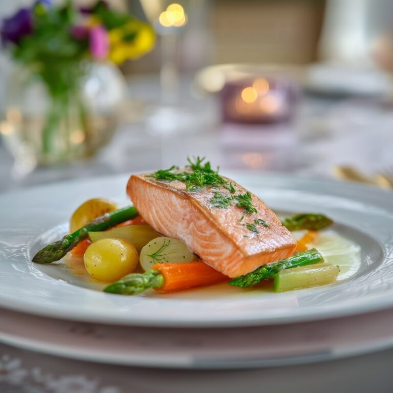 poached salmon fillet served on a white ceramic plate with lightly poached mixed vegetables