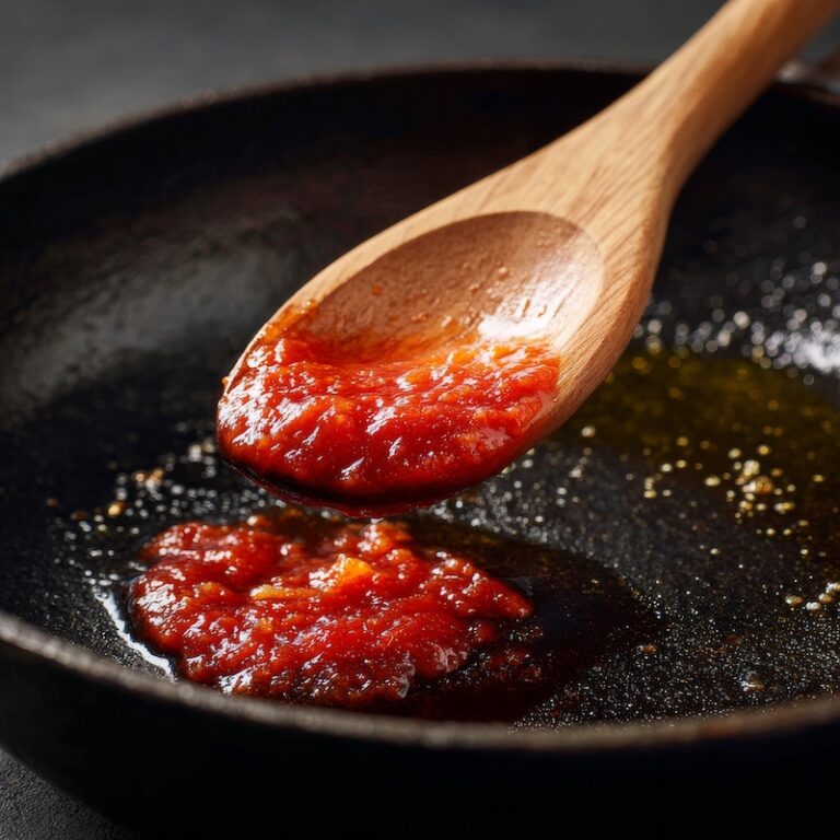 Small spoonful of tomato paste being pressed into a hot skillet