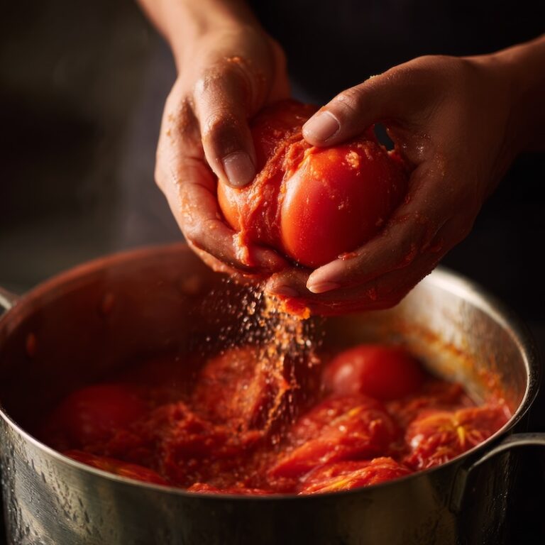 Hands squeezing a whole peeled tomato directly into a wide heavy-bottomed pot