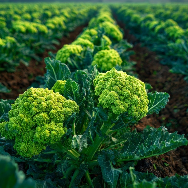 A lush vegetable field filled with fully grown broccoli Romanesco plants