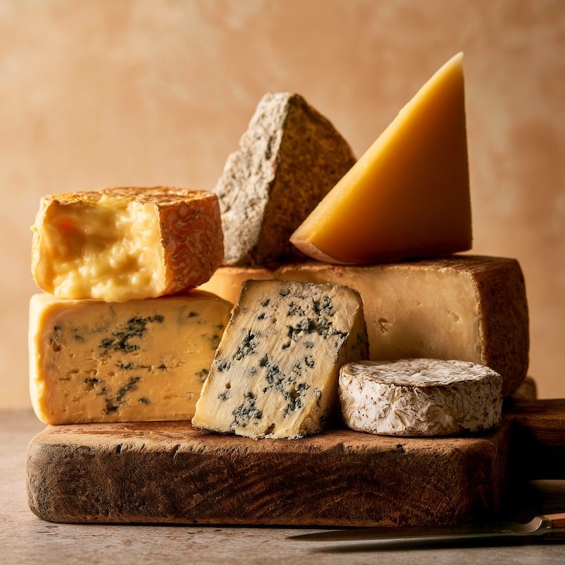 A rustic wooden board with five to six different cheese types showing clear textural variety