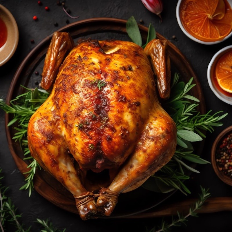 Roast chicken and rosemary on serving platter.