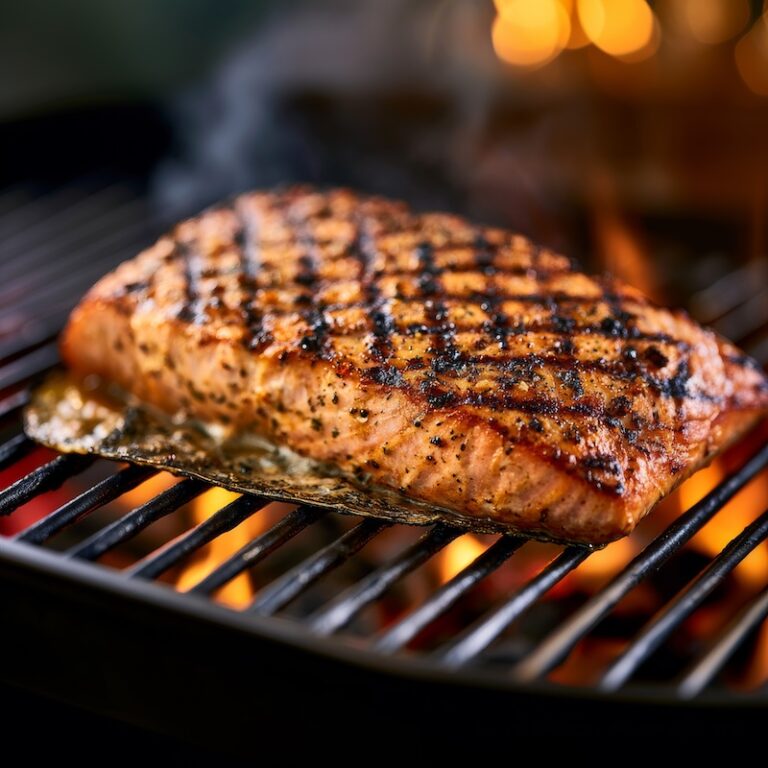 A salmon fillet on grill grates with clean