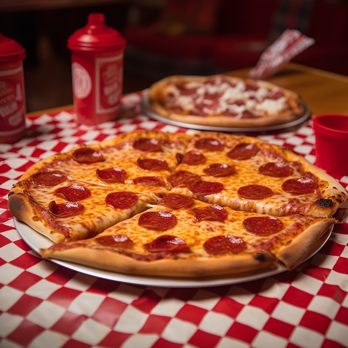 Pizza on Red and White Checkered Tablecloth