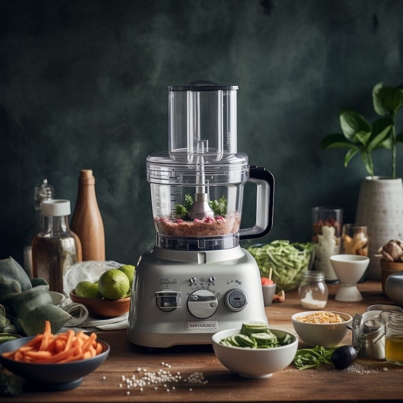 A food processor sitting on a table full of ingredients
