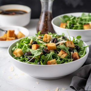 Arugula Salad with Black Olives and Croutons