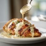 Pan-seared chicken breast plated with whole grain mustard cream sauce