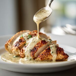 Pan-seared chicken breast plated with whole grain mustard cream sauce