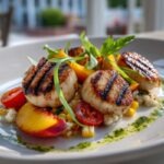 Golden sea scallops and grilled nectarines plated in a refined summer salad composition