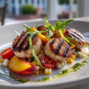 Golden sea scallops and grilled nectarines plated in a refined summer salad composition