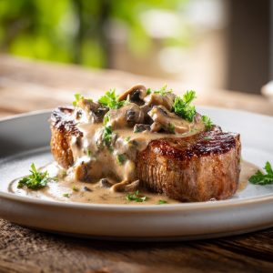 Pan-seared strip steak topped with creamy wild mushroom demi-glace sauce, plated elegantly on a simple white ceramic plate.