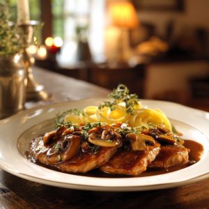 A beautifully plated dish of Veal Marsala on a large, elegant white plate