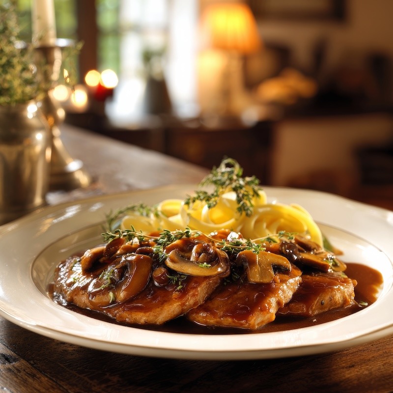 A beautifully plated dish of Veal Marsala on a large, elegant white plate
