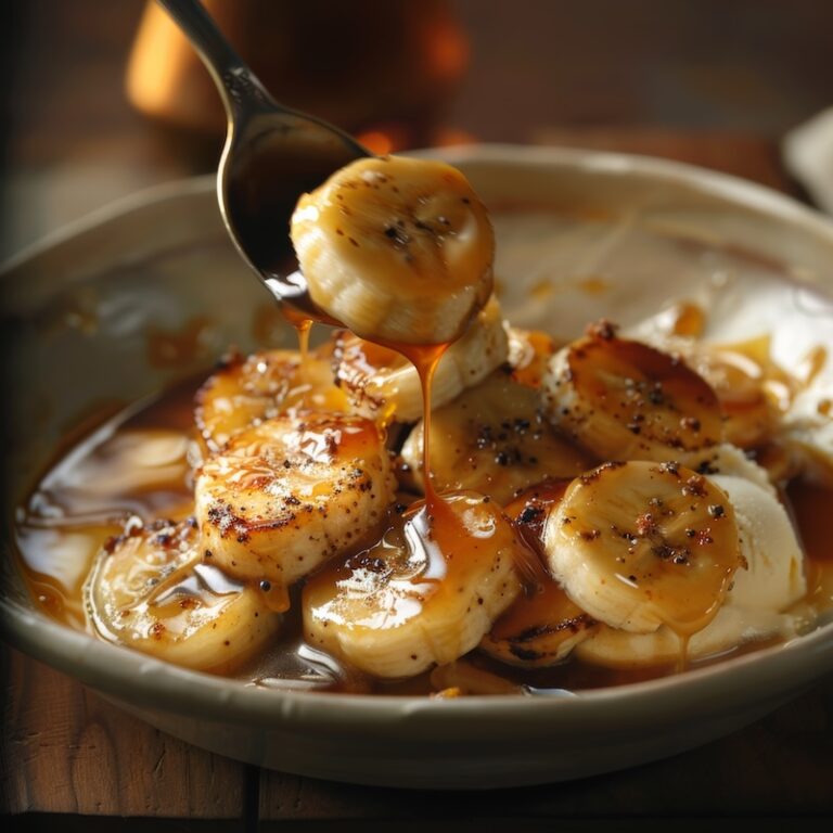Bananas Foster over vanilla ice cream in a shallow bowl