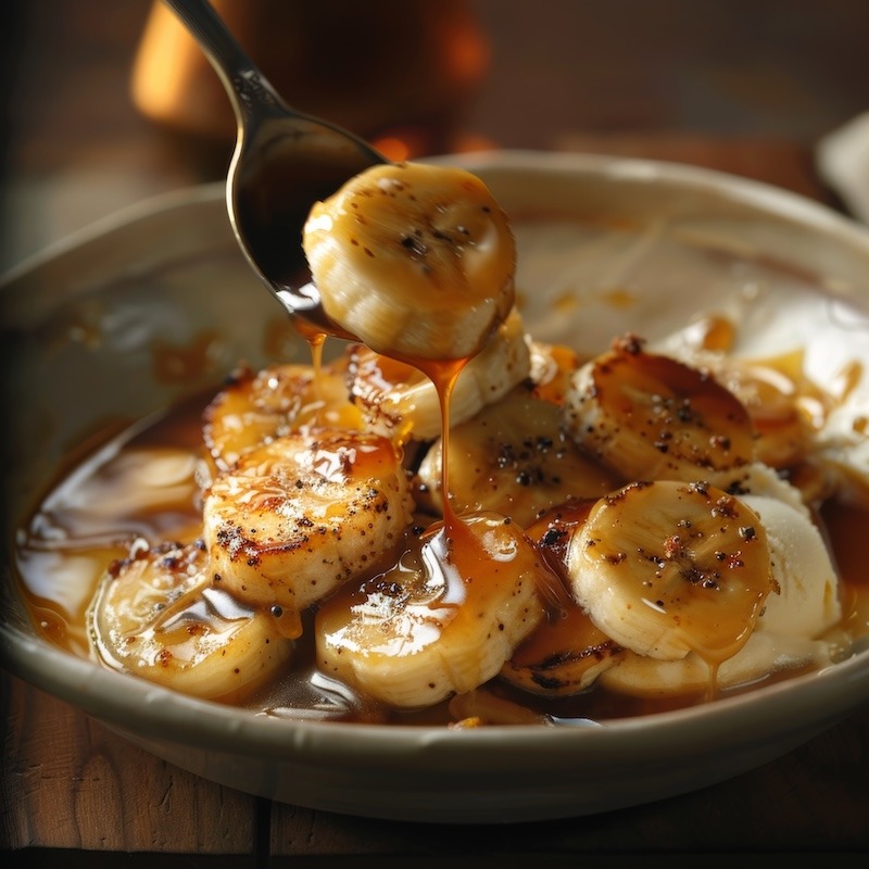 Bananas Foster over vanilla ice cream in a shallow bowl