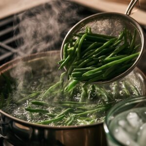 Bright green beans being lifted from a pot of boiling water with a spider strainer