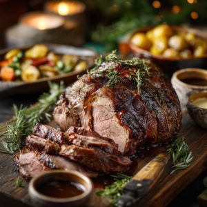 A perfectly roasted boneless leg of lamb on a rustic holiday table, carved slices revealing juicy, medium-rare interior.