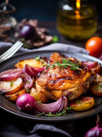 Roasted Chicken Thighs with Plums and Onions