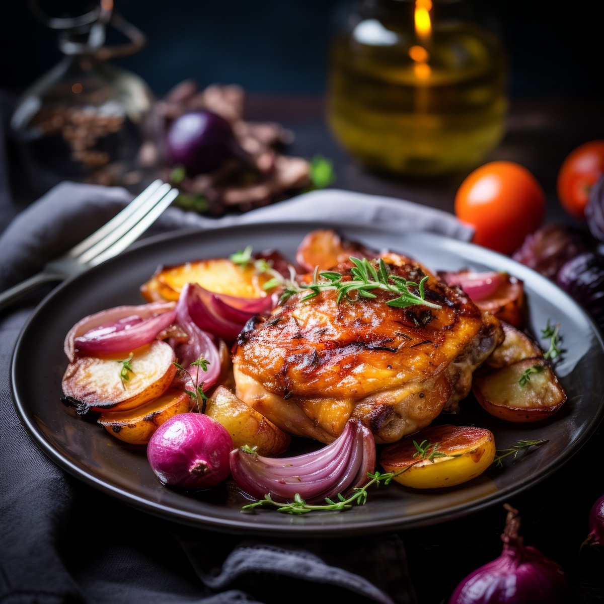 Roasted Chicken Thighs with Plums and Onions