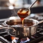 A stockpot on a gas stove, rich brown stock gently simmering and reducing into demi-glace