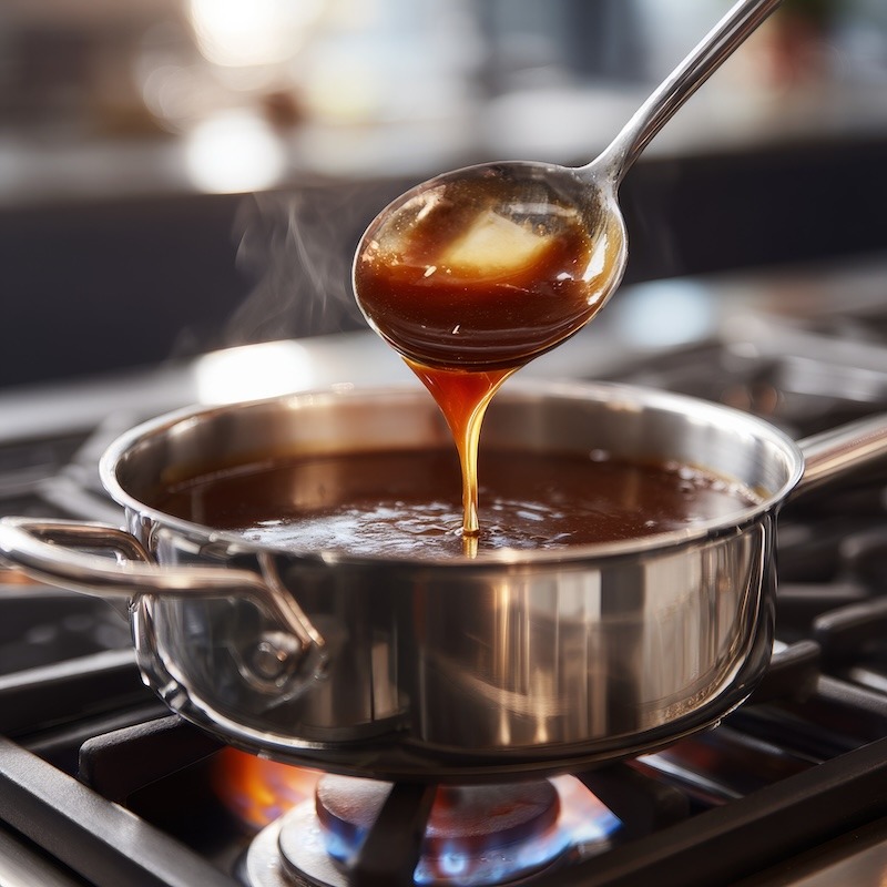 A stockpot on a gas stove, rich brown stock gently simmering and reducing into demi-glace