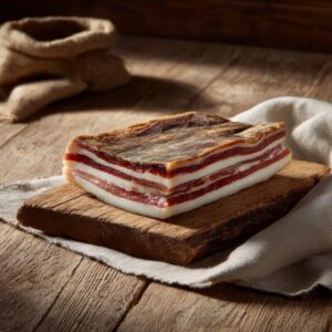 Guanciale slab on rustic wooden board