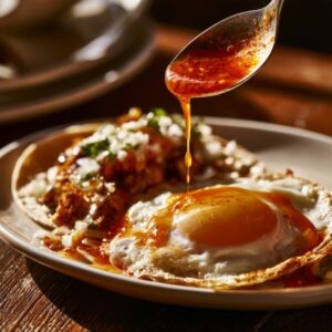 A spoonful of red habanero sauce being drizzled over a fried egg and a street-style taco on a plate