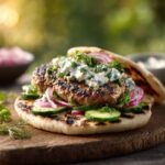 Juicy grilled lamb burger with feta cheese, cucumber, red onion, yogurt sauce and fresh herbs on lightly toasted pita bread