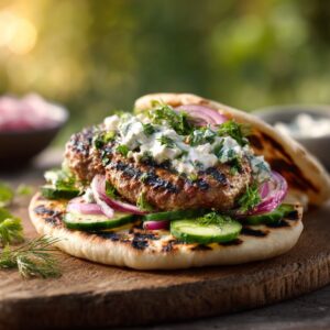 Juicy grilled lamb burger with feta cheese, cucumber, red onion, yogurt sauce and fresh herbs on lightly toasted pita bread