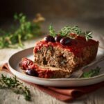 A thick slice of rustic meatloaf on a wide white ceramic plate