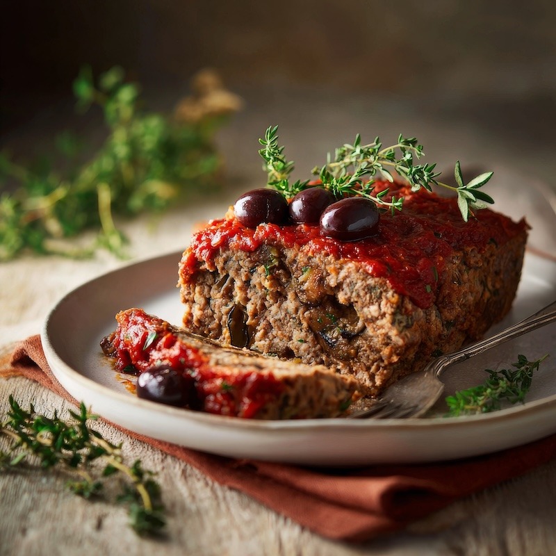 A thick slice of rustic meatloaf on a wide white ceramic plate