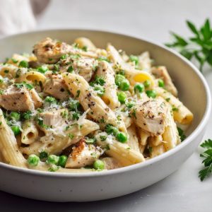 Penne pasta in a creamy white wine sauce with tender roast chicken and peas.