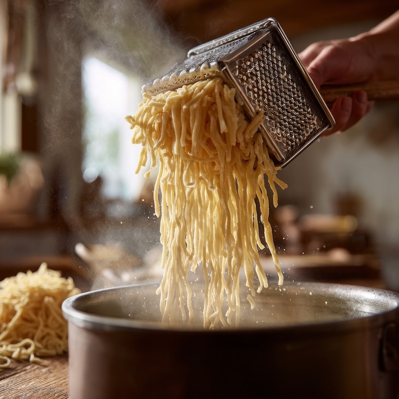 Spaetzle noodles being pressed through a metal spaetzle press, falling into a pot of simmering water, rustic kitchen setting with steam rising, golden soft noodles